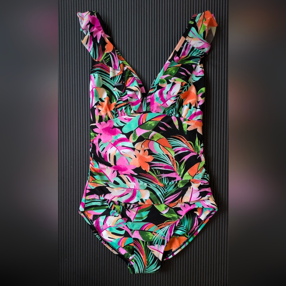 BEYOND CONTROL New Black Multi Printed Ruffled V-neck One-piece Swimsuit Size 10 - Picture 8 of 13